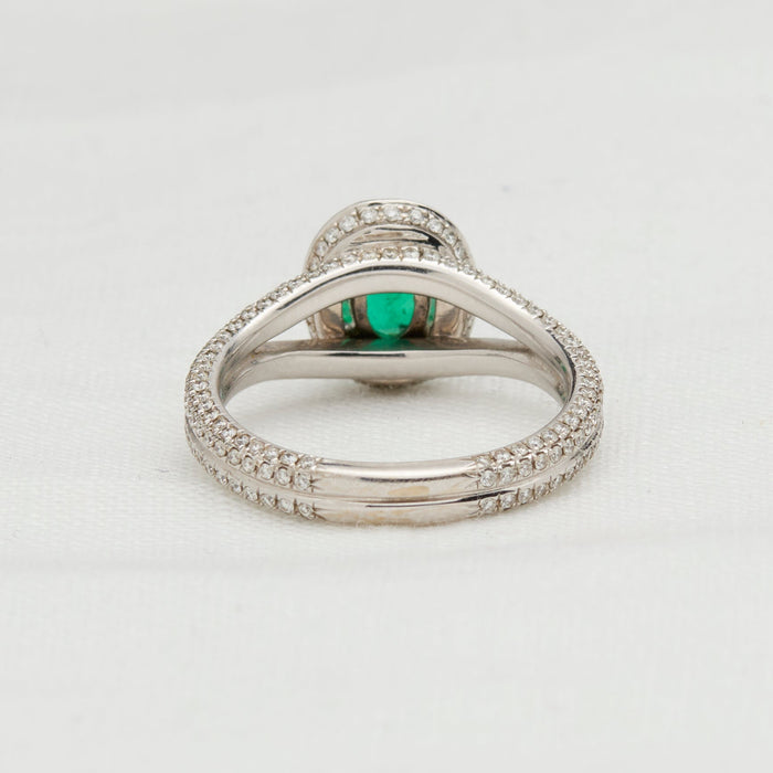 18k White Gold Emerald and Diamond Halo Ring - McTeigue Since 1895