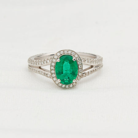 18k White Gold Emerald and Diamond Halo Ring - McTeigue Since 1895