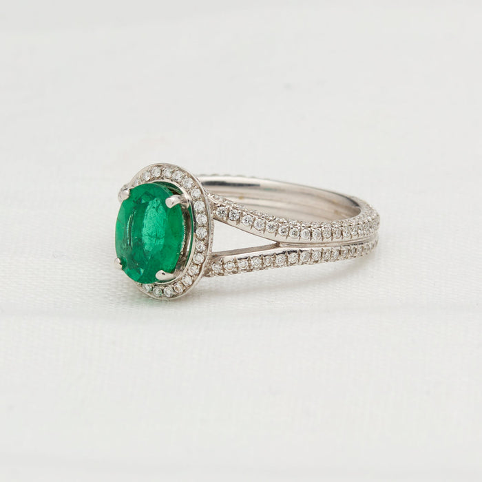 18k White Gold Emerald and Diamond Halo Ring - McTeigue Since 1895