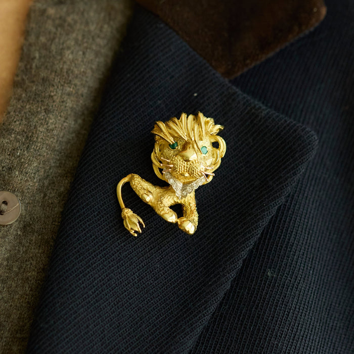 Diamond and Emerald Lion Brooch - McTeigue Since 1895