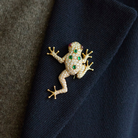 Oscar Heyman Brothers Diamond, Emerald and Ruby Golden Frog Pin - McTeigue Since 1895