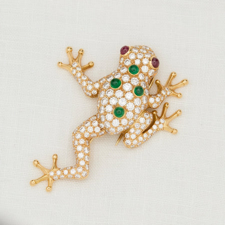 Oscar Heyman Brothers Diamond, Emerald and Ruby Golden Frog Pin - McTeigue Since 1895