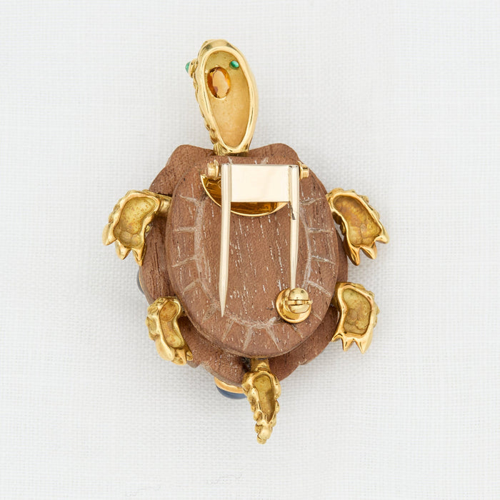 Sapphire, Citrine, Emerald and Gold Wooden Turtle Pin - McTeigue Since 1895