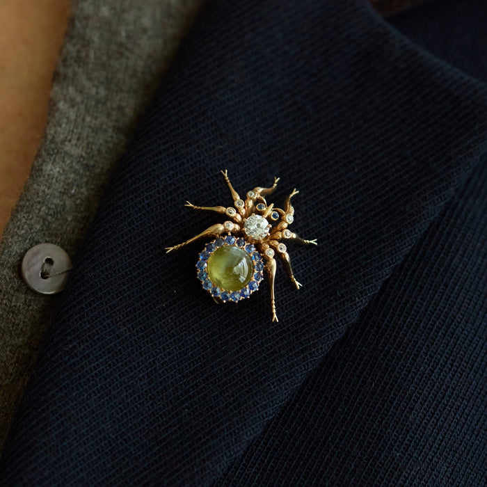 Yellow Gold, Diamond and Sapphire Spider Pin - McTeigue Since 1895