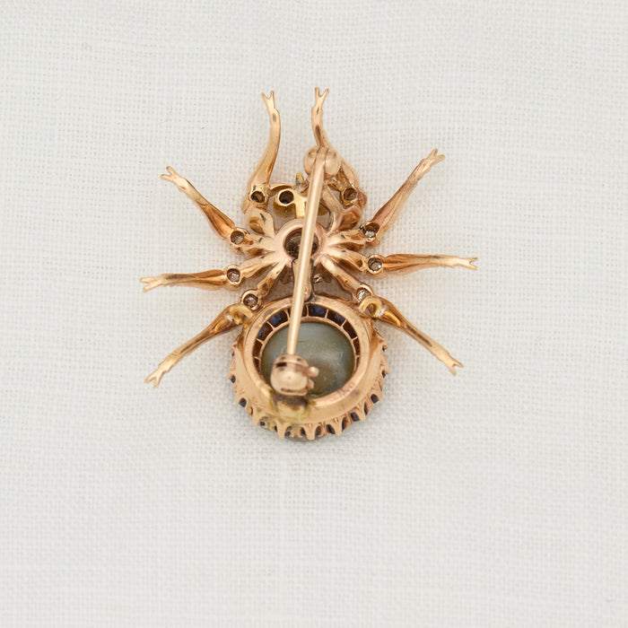 Yellow Gold, Diamond and Sapphire Spider Pin - McTeigue Since 1895