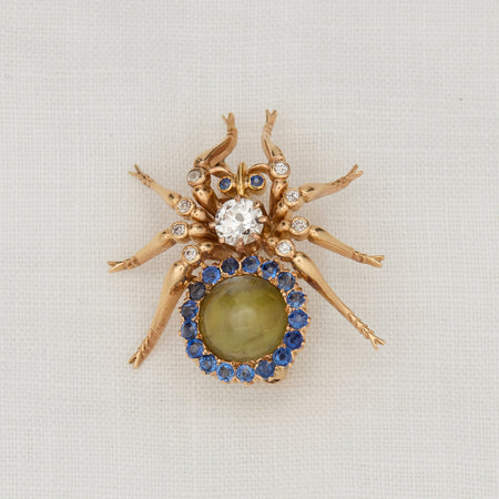 Yellow Gold, Diamond and Sapphire Spider Pin - McTeigue Since 1895